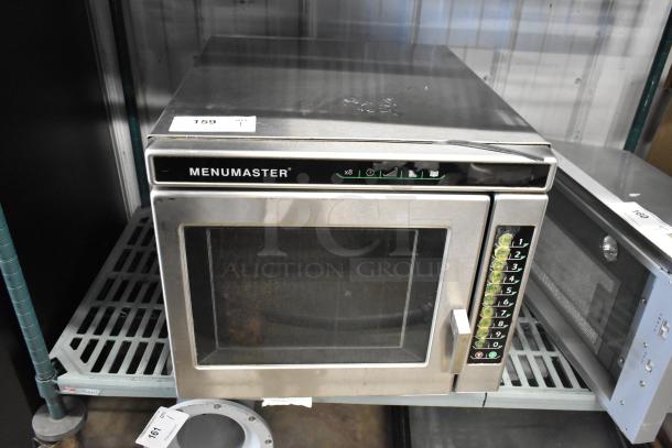 Menumaster MRC30S2 stainless steel commercial countertop microwave oven, 208/240 volts, 1 phase, good condition, visible controls.