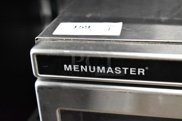 Menumaster MRC30S2 stainless steel commercial microwave, 208/240V, 1 phase, with visible wear on edges.