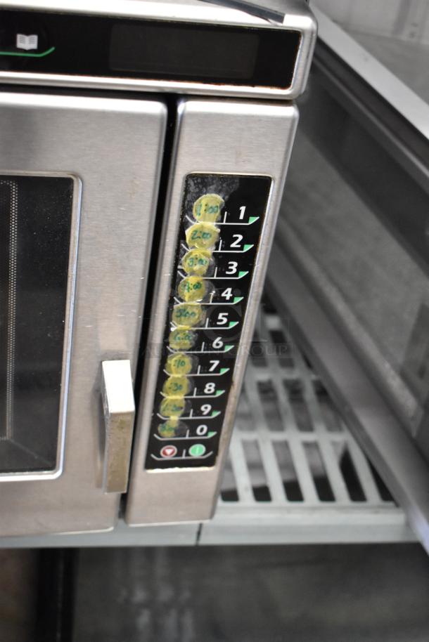 Menumaster MRC30S2 stainless steel commercial microwave, visible control panel, 208/240 volts, good condition.