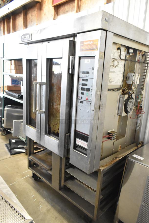 Baxter stainless steel commercial electric mini rotating rack oven with dual pan rack, commercial casters, visible control panel.