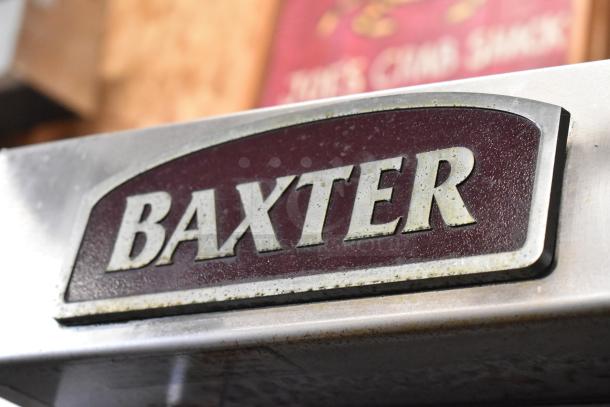 Baxter stainless steel commercial electric rotating rack oven, featuring a dual pan rack and commercial casters.