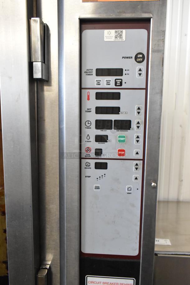 Baxter stainless steel commercial electric mini rotating rack oven control panel, features various settings and functions.