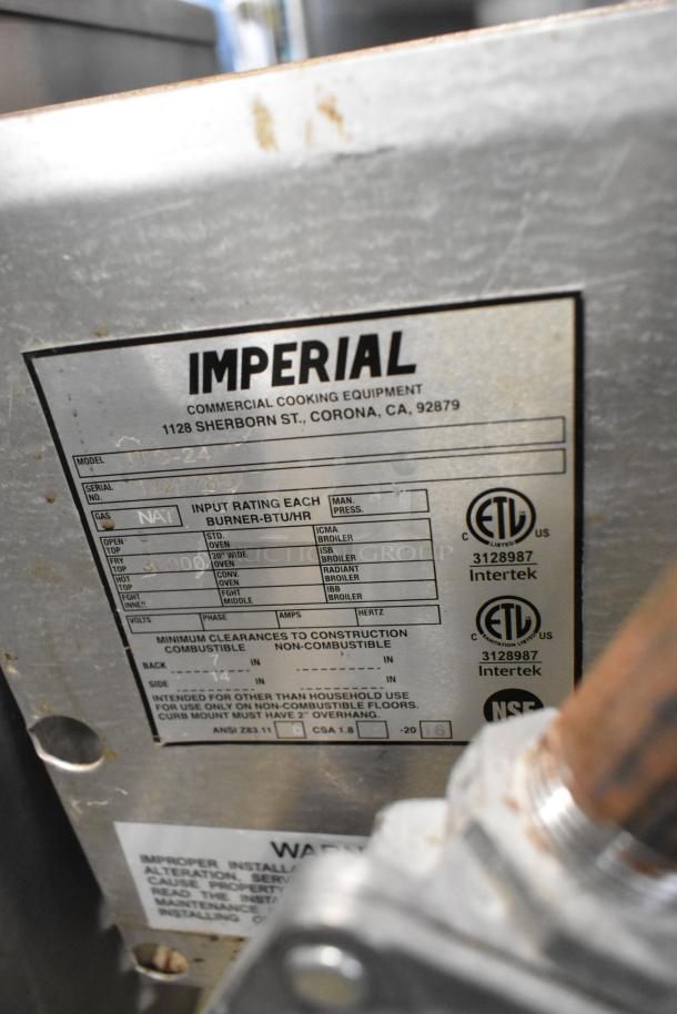 Imperial ITS-24 stainless steel commercial countertop griddle, natural gas powered, model info and specifications label shown.