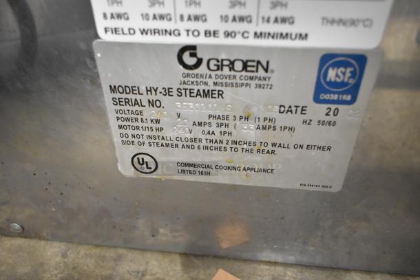 Groen HY-3E STEAMER, stainless steel commercial countertop electric steam cabinet. 240V, 3-phase, UL and NSF certified label shown.
