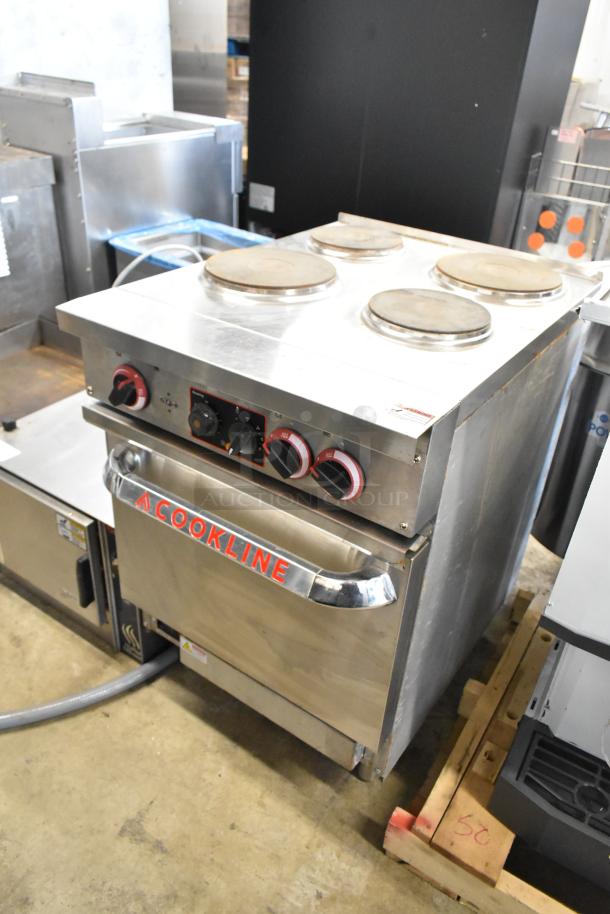 Cookline stainless steel commercial electric 4-burner hot plate range with oven, featuring control knobs.
