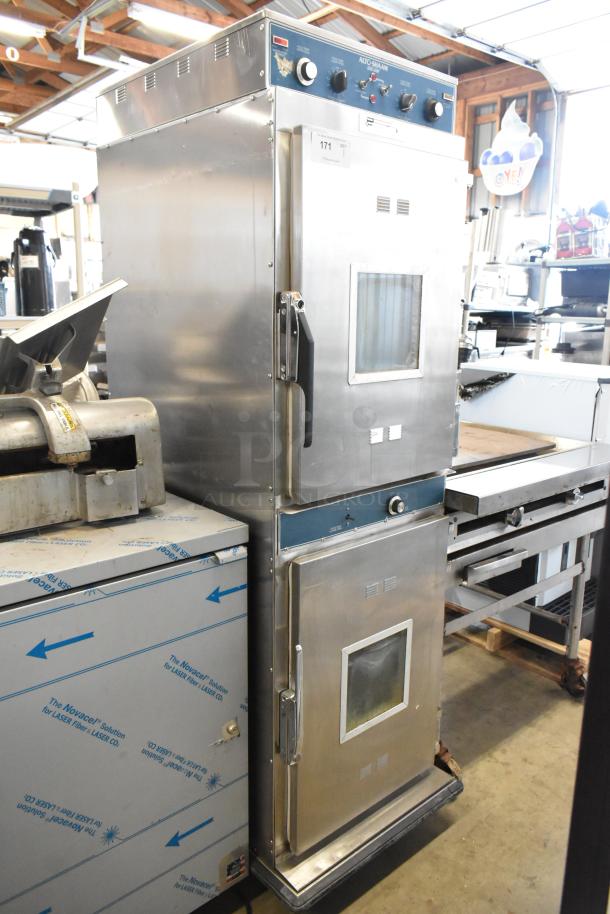 Alto Shaam Halo Heat Stainless Steel Commercial Cook N Hold Oven on casters, model featuring dual glass doors.
