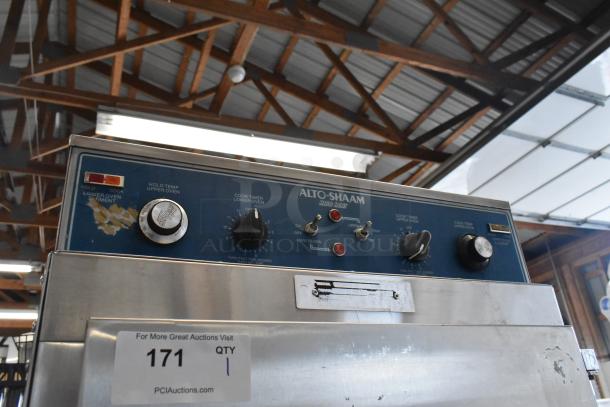 Alto-Shaam Halo Heat stainless steel commercial Cook N Hold oven on casters, control panel visible, model unknown.
