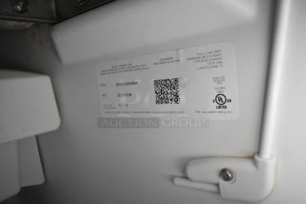 General Electric ZDIS15SSHRHA stainless steel commercial ice machine label, showing model and serial number, 115 volts.