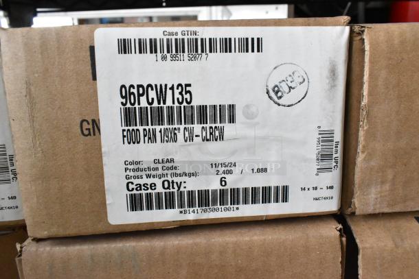 8 boxes of 6 Cambro 96PCW135 clear poly 1/9 size food bins, new, clear, 1/9x6" size. Case label shows details.