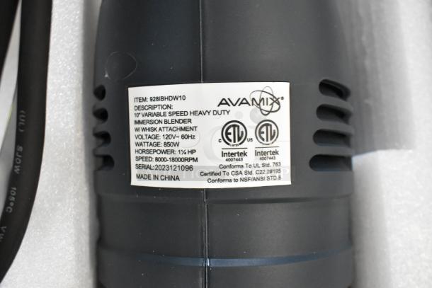 BRAND NEW AvaMix 928IBHDW10 immersion blender, 10" whisk, 1.25 HP, variable speed, 120V. Certified, made in China.