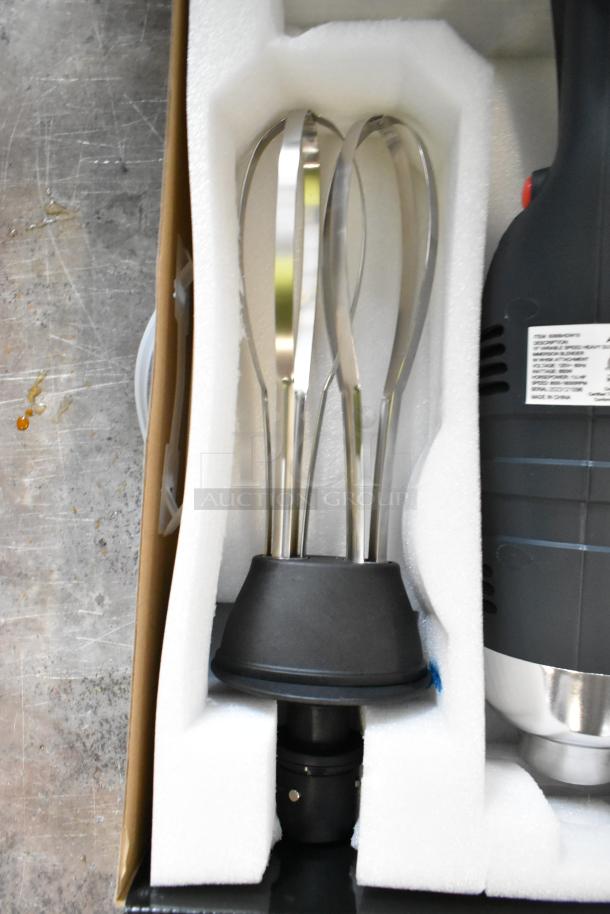 BRAND NEW AvaMix 928IBHDW10 immersion blender with 10" whisk, 1 1/4 hp, in box. Includes visible label with specs.