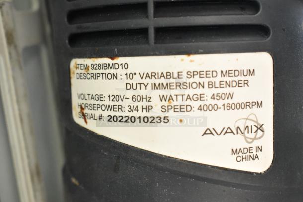 AvaMix 928IBMD10 immersion blender label; shows variable speed, 120V, 450W, 3/4 HP, 4000-16000 RPM. Made in China.