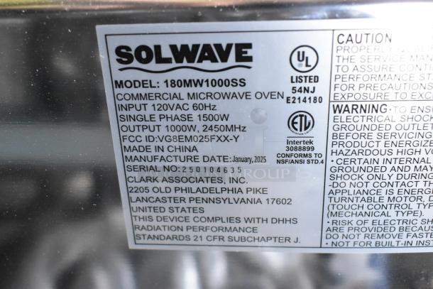 BRAND NEW SCRATCH AND DENT Solwave 180MW1000SS Stainless Steel Commercial Microwave, 1000W, push button controls, 2025 model.