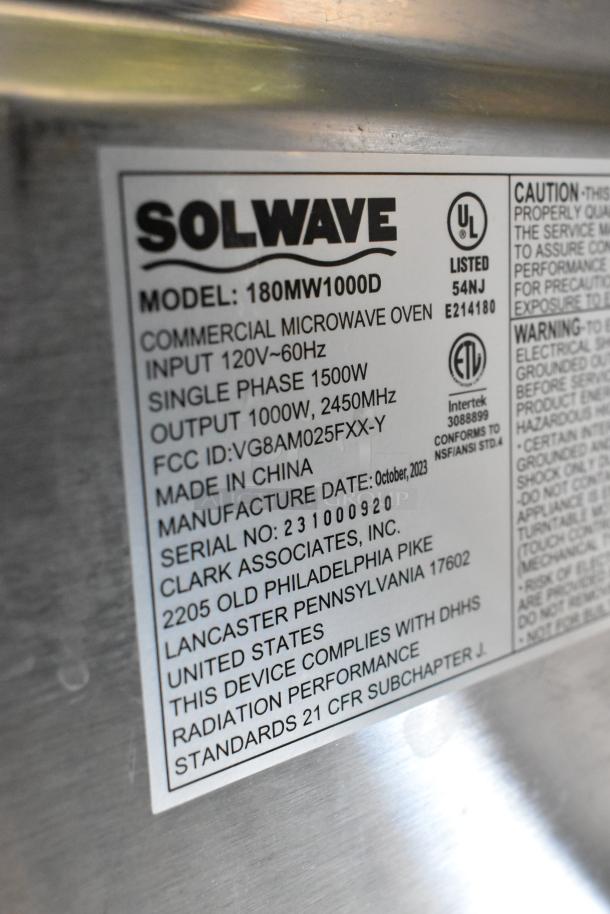 BRAND NEW 2023 Solwave 180MW1000D stainless steel commercial microwave, 120V, single-phase, 1000W. UL listed.