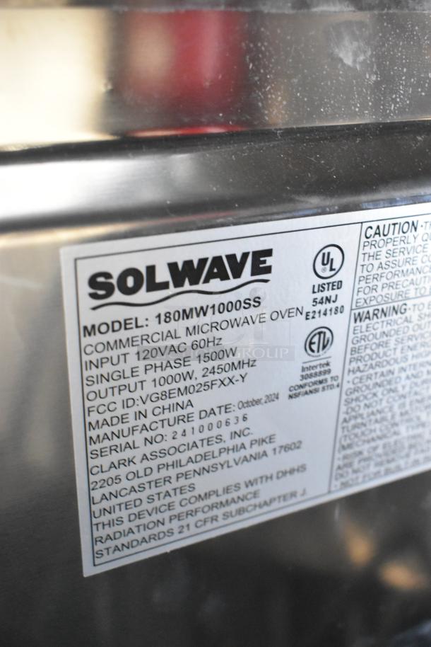 Brand new Solwave 180MW1000SS commercial microwave. Stainless steel, push-button controls, 120V, 1 Phase, scratch and dent.