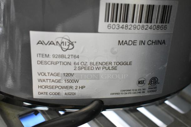 BRAND NEW AvaMix 928BL2T64 Blender, 2 hp, 64 oz. Tritan™ container, toggle control, 120V, item label with specs visible.