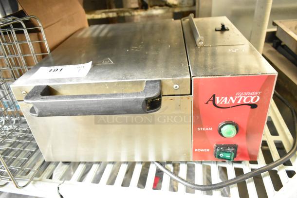 Avantco 177QS1800SS stainless steel countertop steamer with visible power and steam controls; 120 volts, 1 phase.