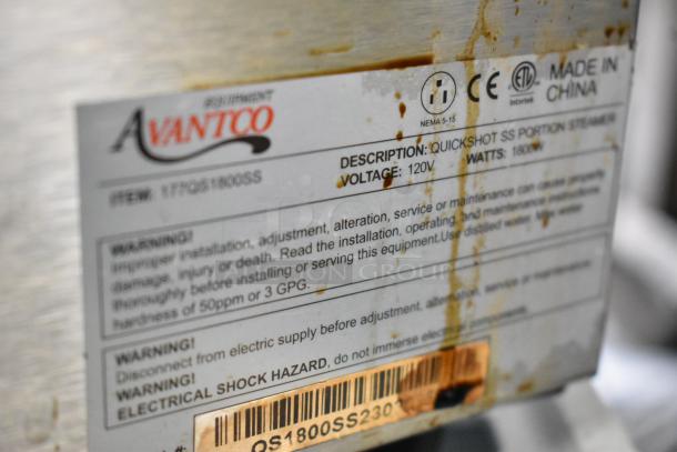 Avantco 177QS1800SS stainless steel countertop steamer label showing 120V, 1800W, warning and identification details.
