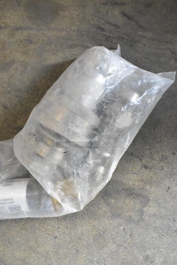 3 new Dormont W75BP2Q60 Hi-PSI coated water connector hoses in package, 60" x 3/4", with 2-way quick disconnect feature.
