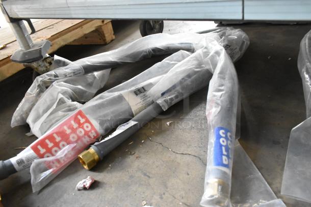 3 brand new Dormont W75BP2Q60 water connector hoses, 60"x3/4", with 2-way quick disconnect, in packaging, labeled.