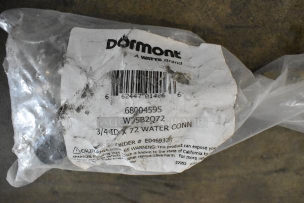 Brand new Dormont WD5B2Q72 72" water hose in packaging. Label shows 3/4" ID, California Prop 65 warning, and barcode.