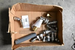 Cardboard box with 17 various metal connectors, some labeled "195 Qty x17", in used condition.