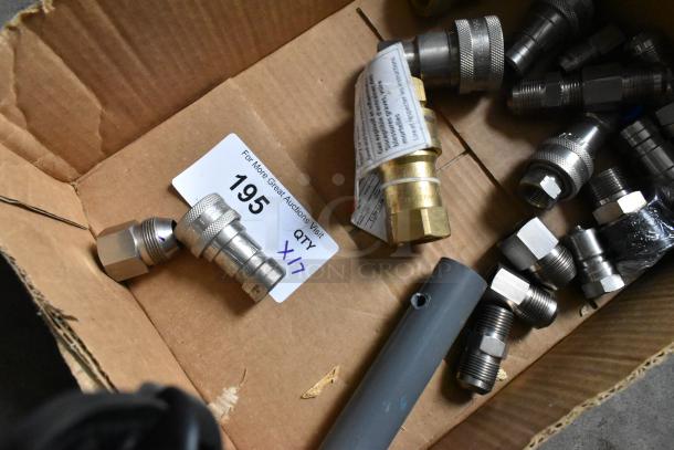 Box of 17 various connectors, including metallic and brass pieces, labeled with "195 QTY X17". Items appear in good condition.