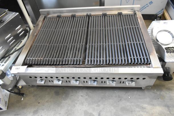 Vulcan Hart VCOB36 stainless steel commercial countertop natural gas charbroiler grill with adjustable grates and control knobs.