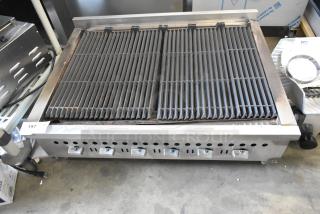 Vulcan Hart VCOB36 stainless steel commercial countertop natural gas charbroiler grill with adjustable grates and control knobs.