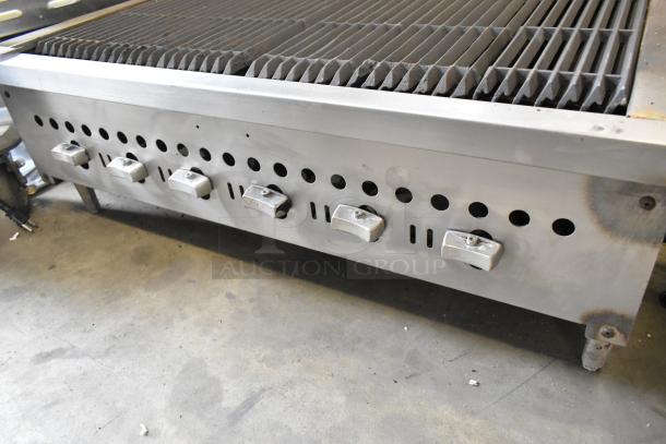 Vulcan Hart VCOB36 stainless steel commercial charbroiler grill, natural gas-powered, six control knobs, in used condition.