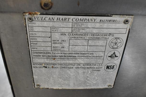 Vulcan Hart VCOB36 charbroiler grill label, indicating model, gas specs, and clearances. Made in the USA, NSF certified.