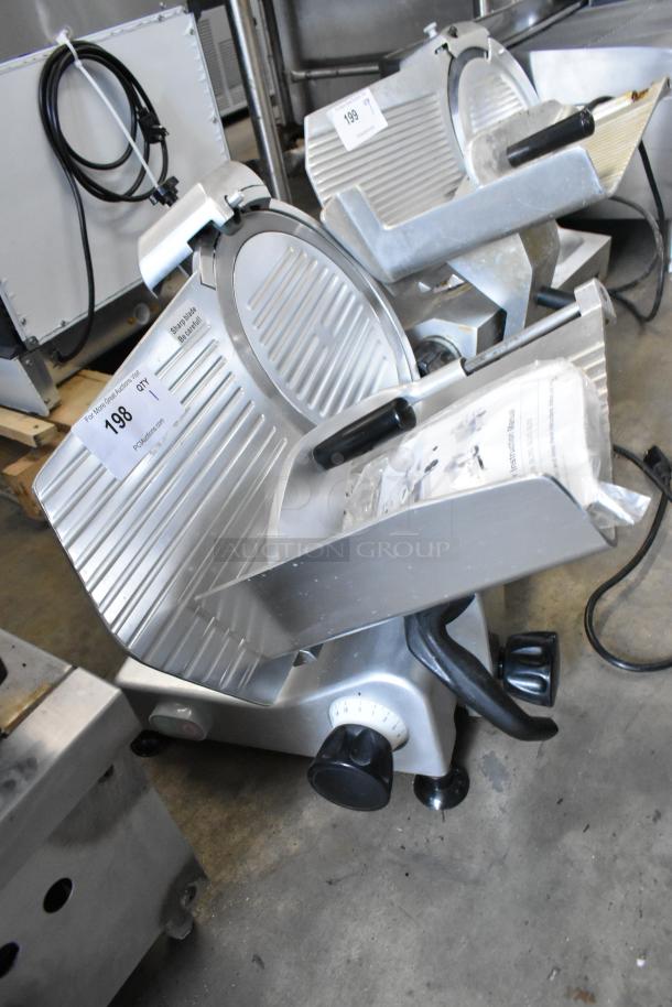 Avantco 177SL312 commercial metal meat slicer, with blade sharpener; 115V, 1 phase; includes instruction manual.