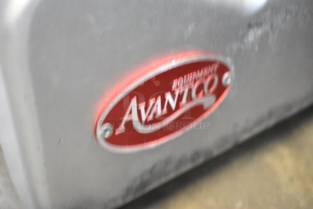 Avantco 177SL312 Commercial Meat Slicer with blade sharpener, metal construction, 115V, 1 Phase, brand label visible.