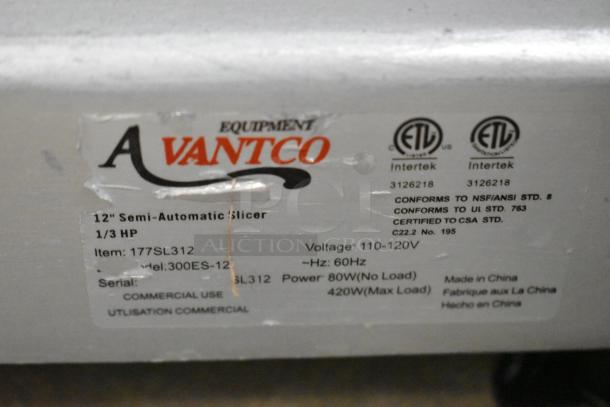 Avantco 177SL312 Commercial Meat Slicer label, 12" semi-automatic, 1/3 HP, 115V, ETL certified, with blade sharpener.