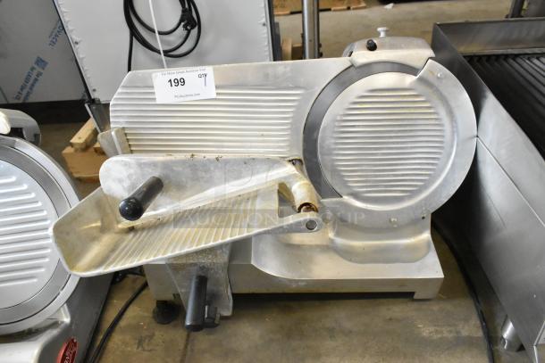 Globe GC12D metal meat slicer with blade sharpener, commercial countertop model; 115 volts, 1 phase, good condition.