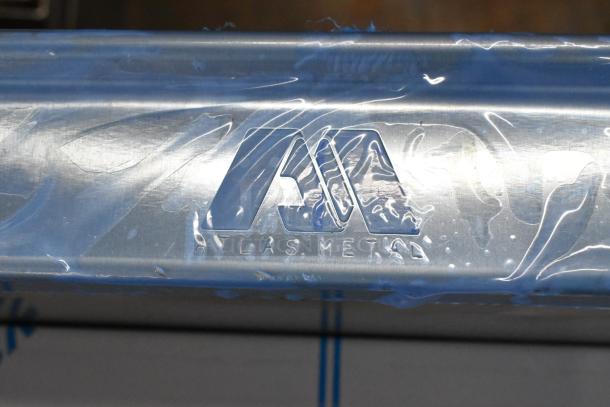 Atlas Metal RM-1 stainless steel drop-in cold pan, showing embossed brand logo detail. 115 volts, 1 phase.