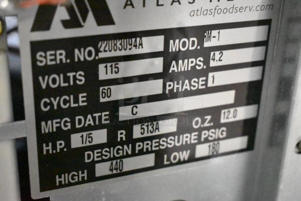 Atlas Metal RM-1 stainless steel commercial cold pan label. 115 volts, 1 phase, 4.2 amps.