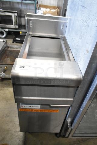 Frymaster stainless steel commercial floor fryer frame on casters, model shown, good condition, Frymaster label visible.