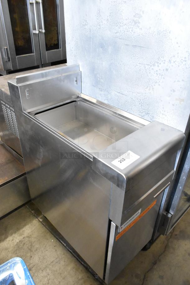 Frymaster stainless steel commercial floor fryer frame on casters, excellent condition, visible label indicates model details.