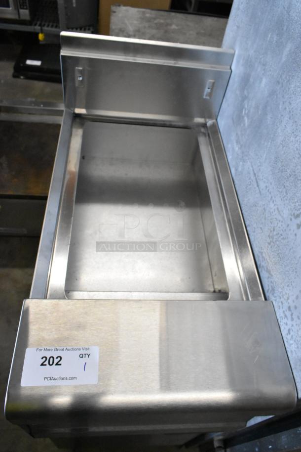Frymaster stainless steel commercial fryer frame on casters, excellent condition, auction label "202 QTY 1" visible.