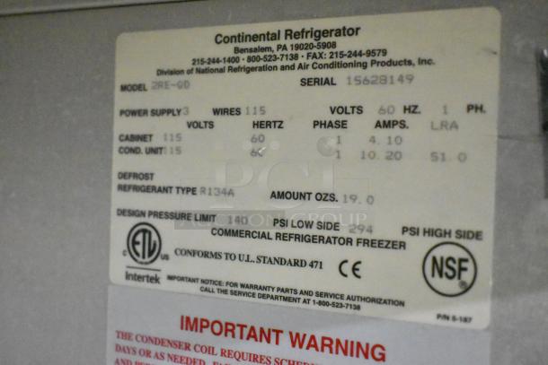 Continental 2RE-GD tag showing model details, electrical specs, refrigerant type, and certification logos.