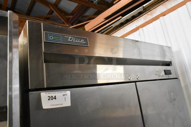 2021 True T-35-HC stainless steel commercial 2-door reach-in cooler on casters, 115V, 1 phase, top markings visible.