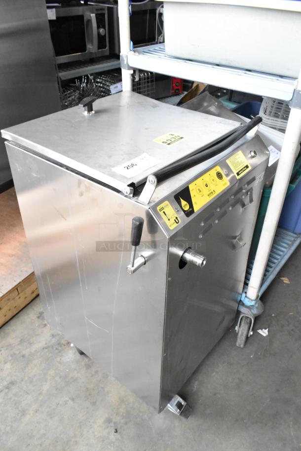 Vito XM stainless steel mobile oil filtration system on commercial casters, with control panel and handle, 120 volts, 1 phase.
