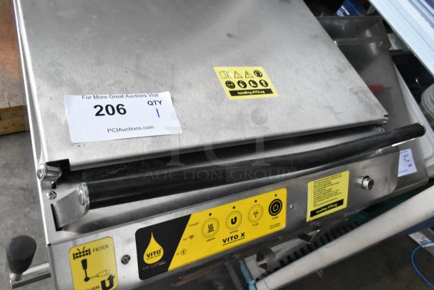 Vito XM Stainless Steel Mobile Oil Filtration System, commercial casters, 120V, 1 phase, model Vito XM, with safety labels.
