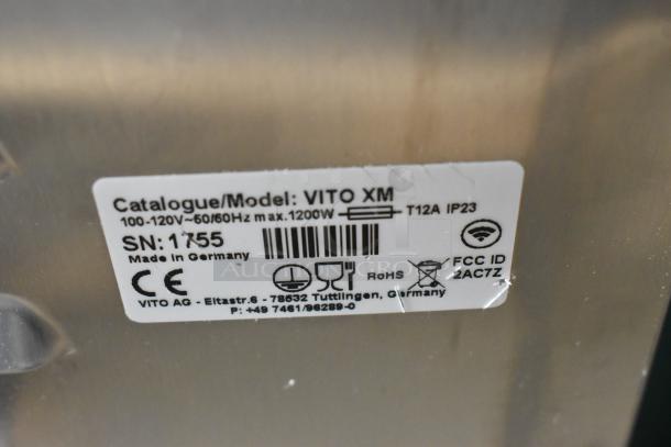 Vito XM Stainless Steel Mobile Oil Filtration System label, 120V, 1 phase, CE, RoHS certified, Made in Germany, SN: 1755.