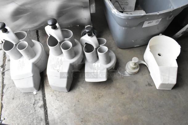 5 food processor pieces, including 3 continuous feed heads and S blade, white, used condition, labels visible.