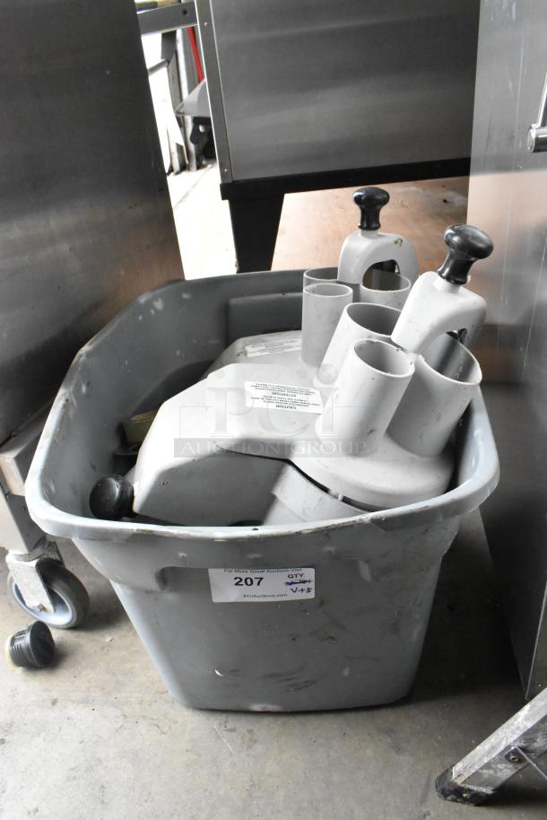 5 food processor pieces with 3 continuous feed heads and S blade in gray bin; tagged as lot 207, good condition.