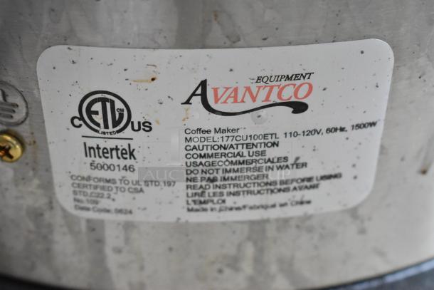 Avantco 177CU100ETL Coffee Machine label displaying model, voltage, and safety instructions. ETL certified for commercial use.