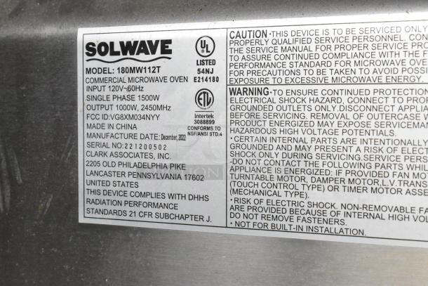 2022 Solwave 180MW112T commercial countertop microwave oven, stainless steel, 120V, single phase, 1000W output, UL/ETL listed, made in China, December 2022 manufacturing date.