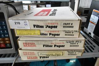 Four boxes of Filter Magic 8030003 filter paper, 100 sheets each, part number 8030003, in new condition.